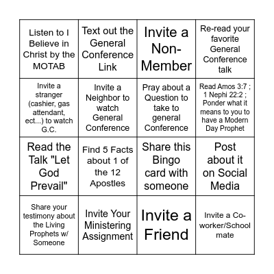 General Conference Preparation Bingo Card