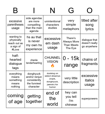 ao3 user moodmaker Bingo Card