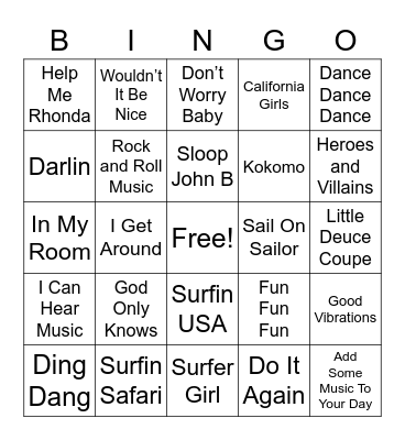 Beach Boys Bingo Card