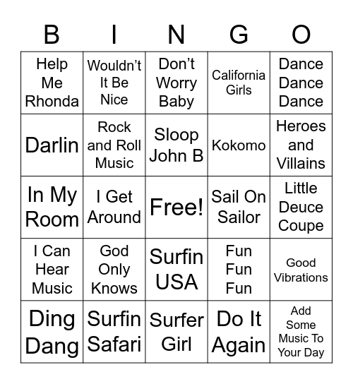 Beach Boys Bingo Card