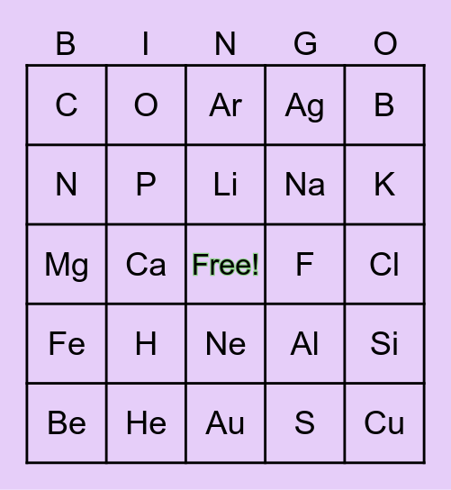 Periodic Table Bingo Card