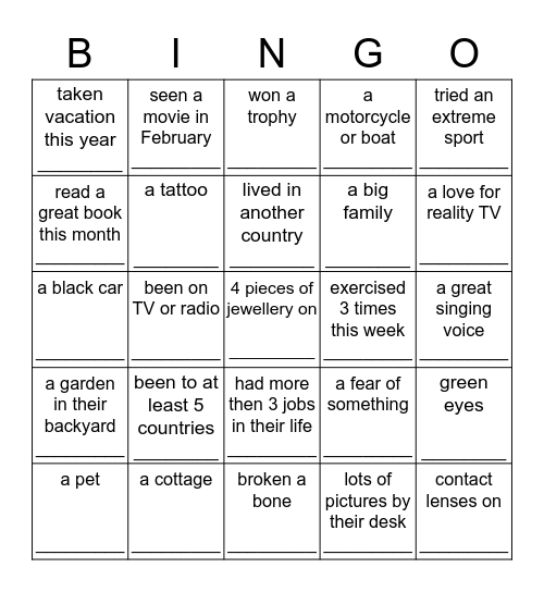 Get to Know You Bingo - Find Someone Who Has...(write their name in the box) Bingo Card