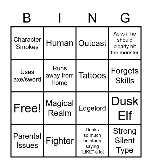 E-Character Bingo Card