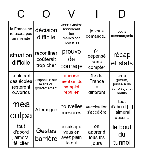 Covid 19 allocution macron v2 Bingo Card
