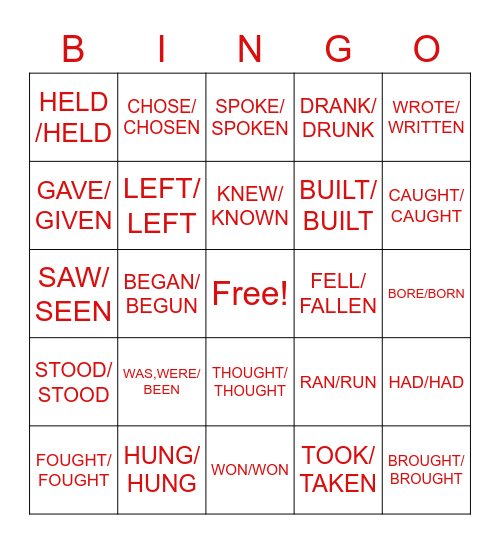 Irregular Verbs HLY Bingo Card