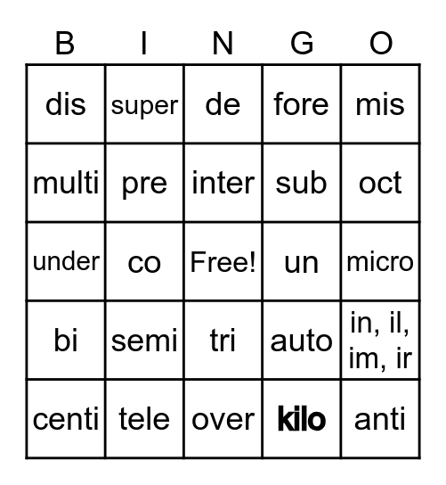 Prefixes Bingo Card