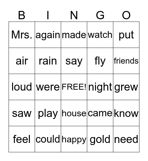 Sight Word BINGO! Bingo Card