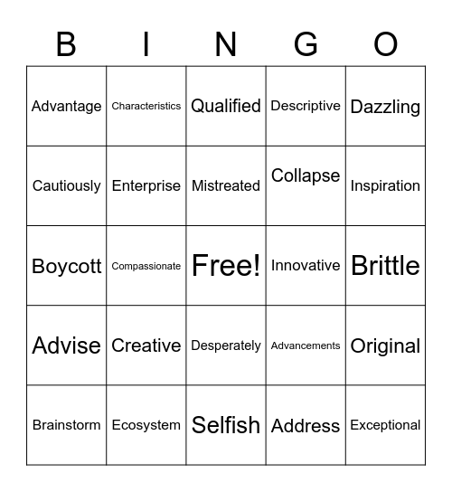 Vocabulary Bingo Card