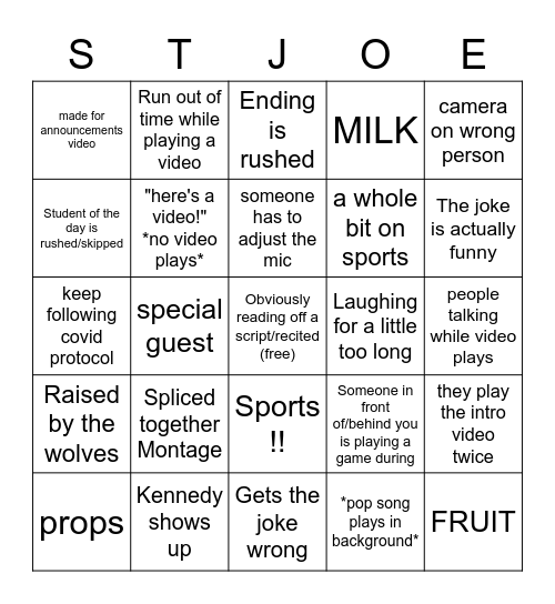 Morning Announcements Bingo Card