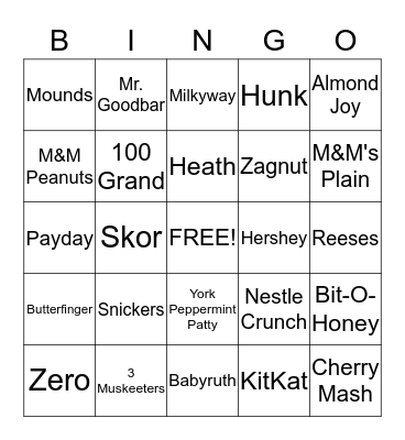 Candy Bar Bingo Card