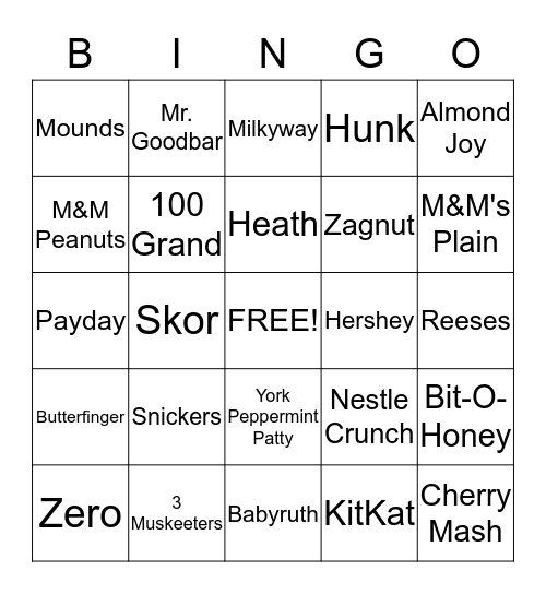 Candy Bar Bingo Card