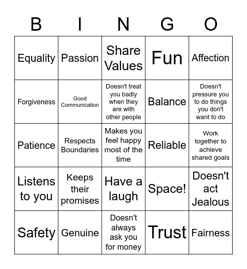 Healthy Relationship Bingo! Bingo Card