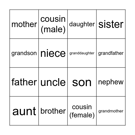 Family Member Vocabulary Bingo Card
