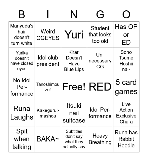 Kakegurui Live Action Season 1 Bingo Card