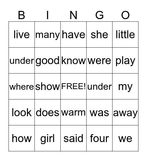 Unit 2 Words Bingo Card