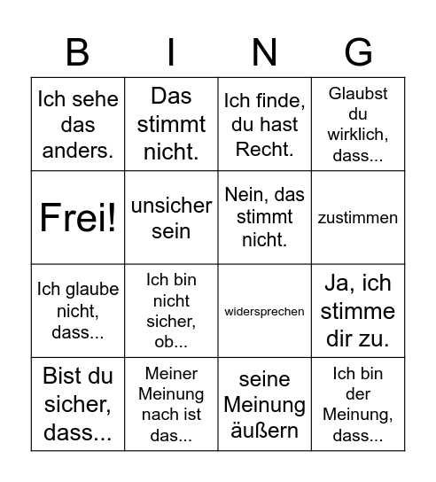 Redemittel zur Meinungsäußerung Bingo Card