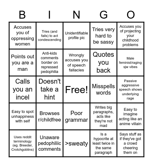 Childfree on Facebook Bingo Card