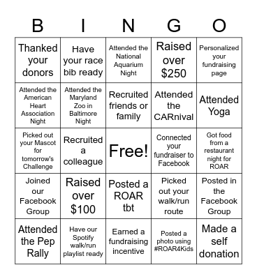 ROAR for Kids Event Week Bingo Card