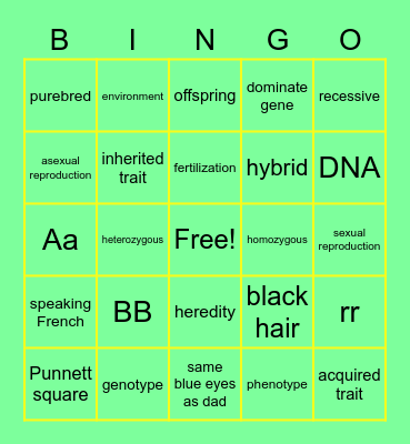 inherited traits Bingo Card