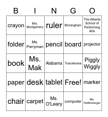 Common & Proper Noun Bingo Card