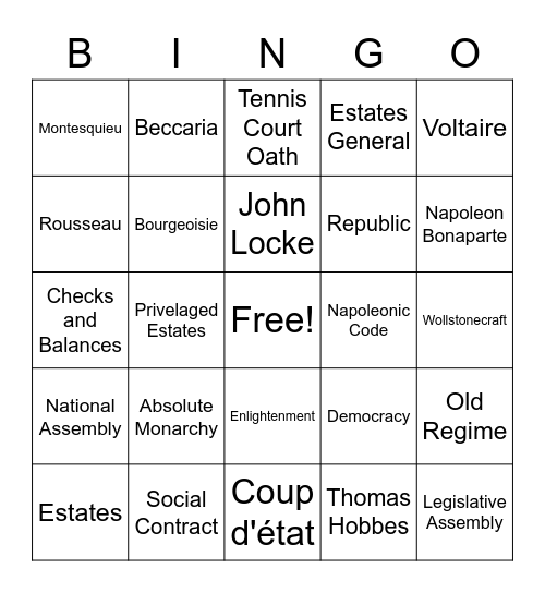 French Revolution Review Bingo Card