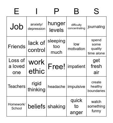 Stress Bingo (External/Internal/Physical/ Behaviors& Emotions/ Stress Relievers) Bingo Card