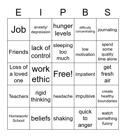 Stress Bingo (External/Internal/Physical/ Behaviors& Emotions/ Stress Relievers) Bingo Card