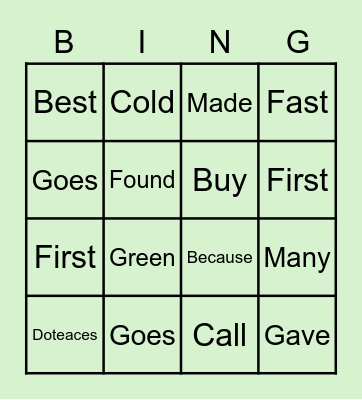 Dolch Bingo Card