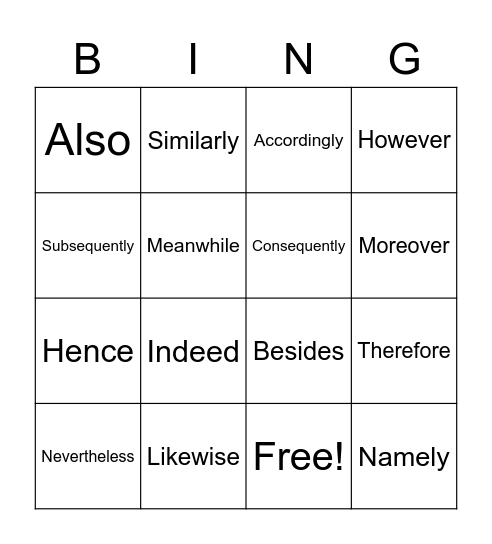 Conjunctive Adverbs Bingo Card