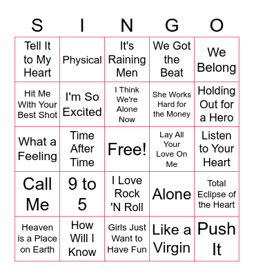 Ladies of the 80's SINGO Bingo Card