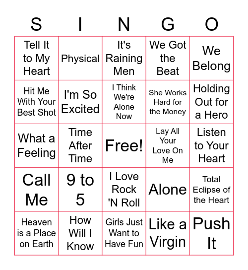 Ladies of the 80's SINGO Bingo Card