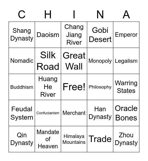 China Vocab Bingo Card