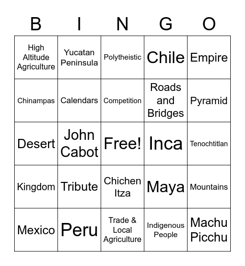 Ancient Americas Bingo Card