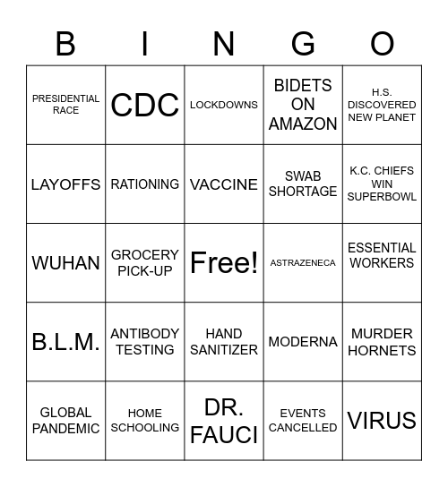 2020 LIFE AND TIMES BINGO Card