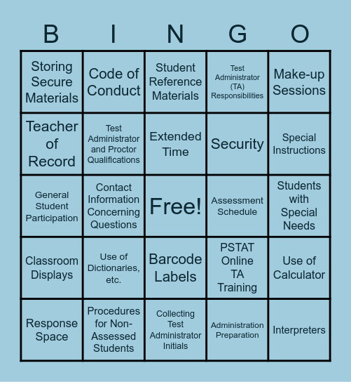 PSSA BINGO Card