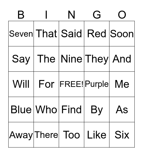 Sight Word Bingo Card