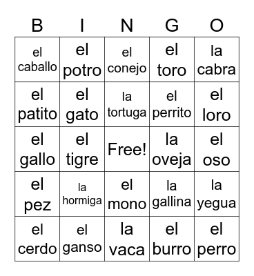 Los Animales Bingo Card