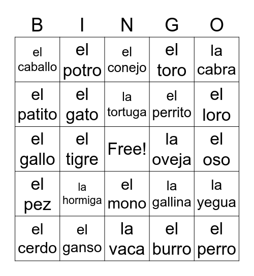 Los Animales Bingo Card