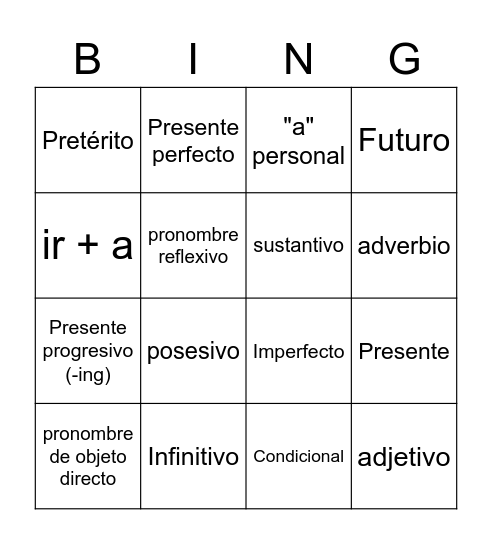 TENSE BINGO Card