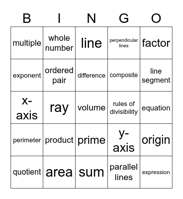 Math Vocabulary Bingo Card