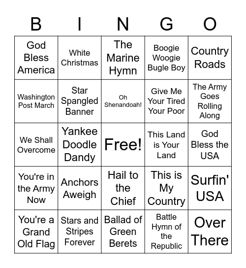 PATRIOTIC MUSIC BINGO Card