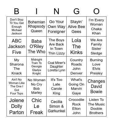 70's DJ Bingo Card