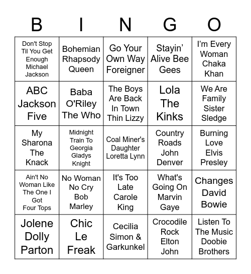 70's DJ Bingo Card