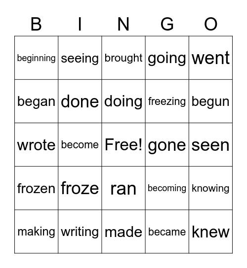 Principal Parts of Irregular Verbs Bingo Card