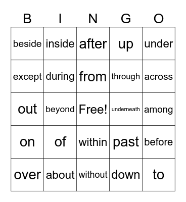 Prepositions Bingo Card