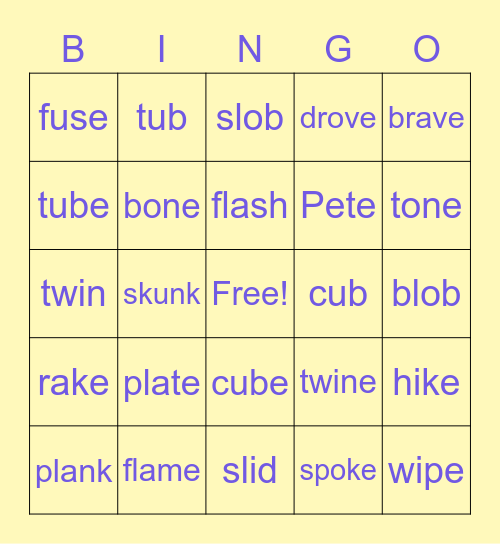 Short and Long Vowel (VCE: a, u, o, i, e) Bingo Card