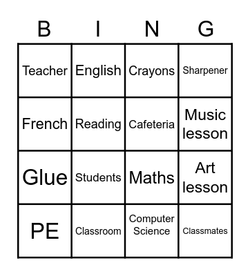 School lessons/objects Bingo Card