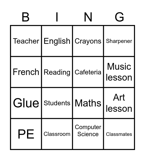 School lessons/objects Bingo Card