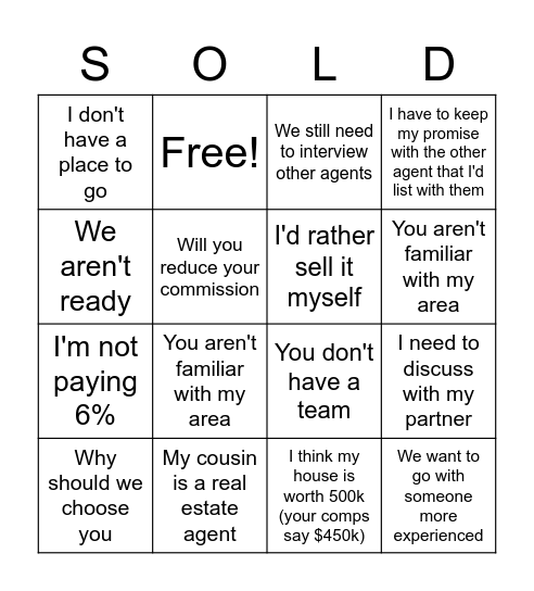 Seller Objection Bingo Card