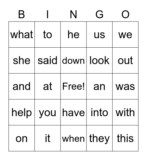 Sight Word Bingo Card